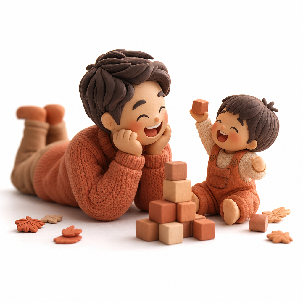 Miniature figures of a parent and child laughing while building blocks together