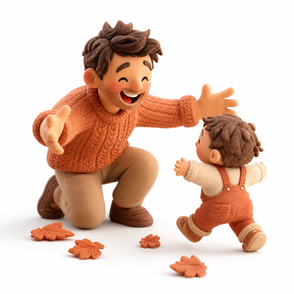 Miniature figure of a father kneeling with open arms as his child runs to him