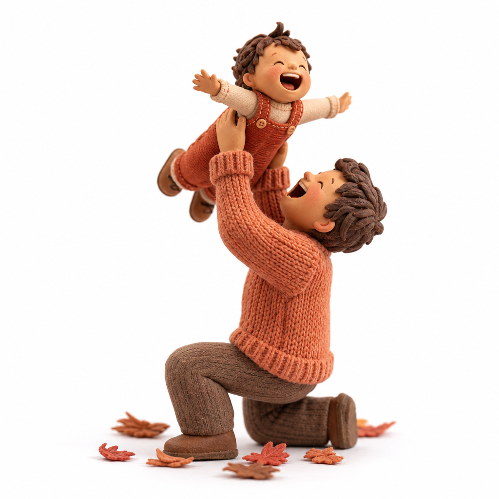 Miniature figure of a father joyfully lifting his child into the air