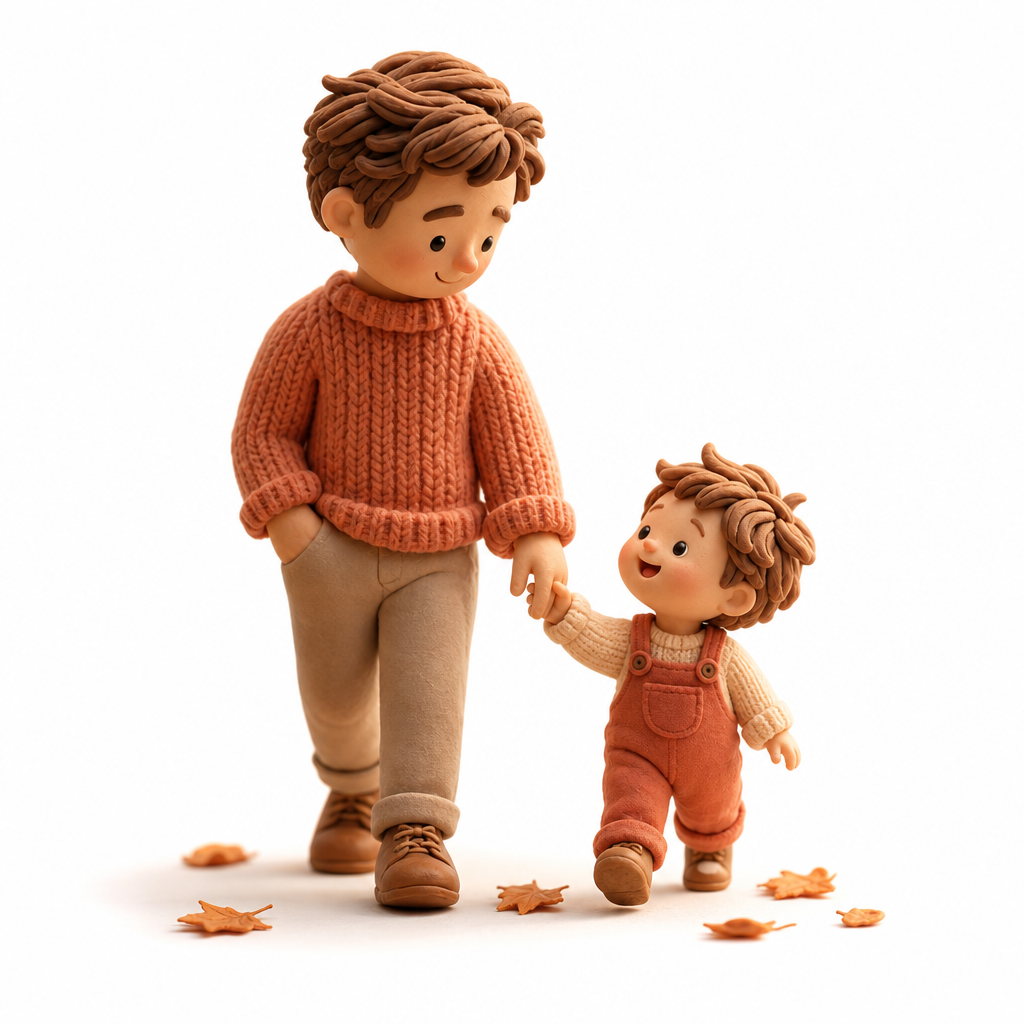 Miniature figures of a parent and child walking hand in hand